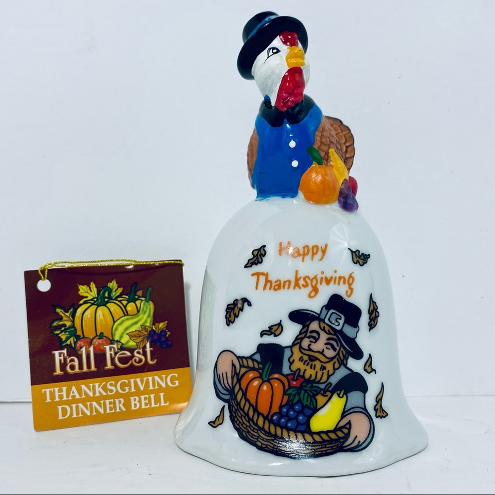 Thanksgiving Turkey Porcelain Bell “Happy Thanksgiving” with Pumpkin Clapper
